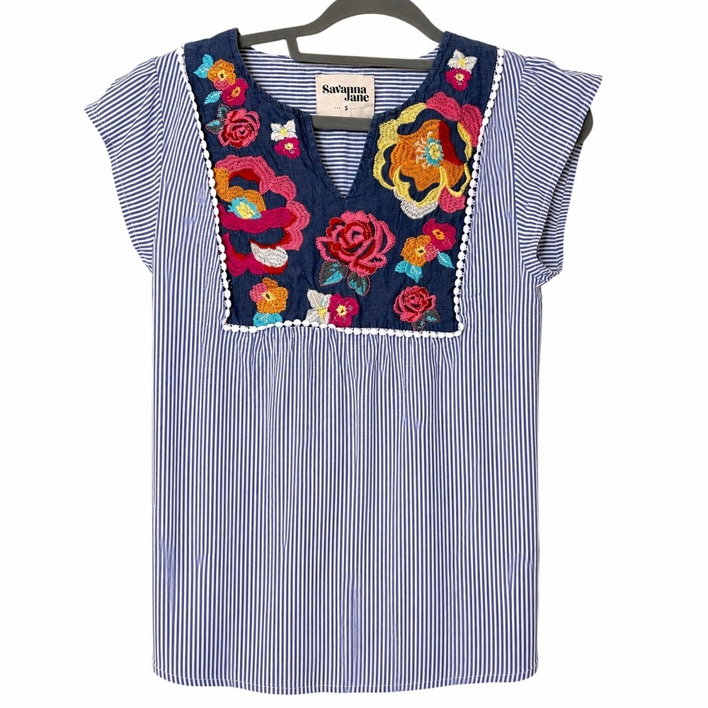 Savanna Jane Womens S Blouse Blue White Striped Floral Embroidered Cottagecore